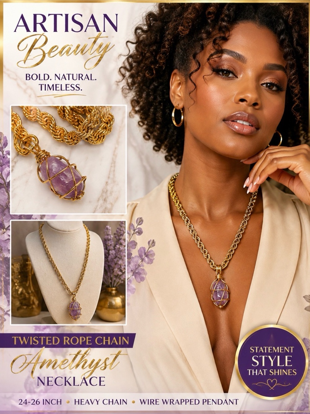 Heavy Gold Tone Twisted Rope Chain Necklace with Wire Wrapped Amethyst Pendant